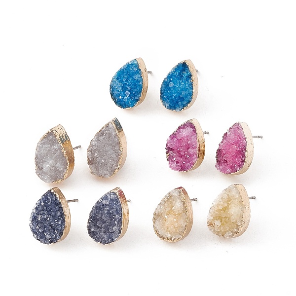 

PandaHall Teardrop Natural Druzy Agate Stud Earrings, with Golden Plated Brass Findings, Mixed Color, 17x10x6mm, Pin: 0.8mm Natural Agate..., Multicolor