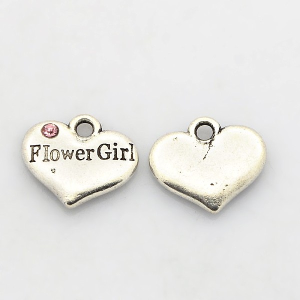 

PandaHall Wedding Party Supply Antique Silver Alloy Rhinestone Heart Carved Word Flower Girl Wedding Family Charms, Cadmium Free & Lead Free..., Pink
