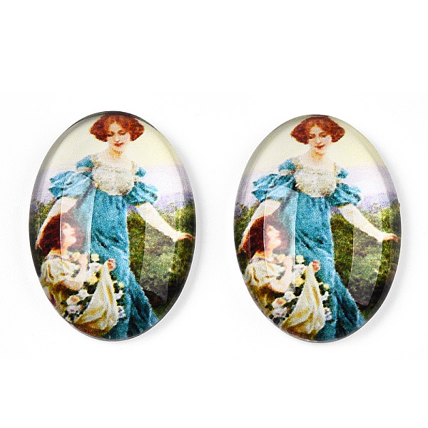 

PandaHall Glass Cabochons, with European Style Pattern, Oval, Sky Blue, 25x18x6mm Glass Oval
