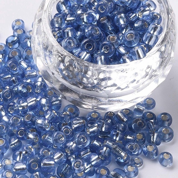 

PandaHall Glass Seed Beads, Silver Lined Round Hole, Round Small Beads, Royal Blue, 6/0, 4mm, Hole: 1.5mm, about 4500 pcs/pound Glass