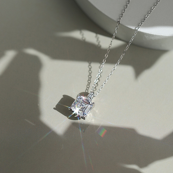 925 Sterling Silver Pave Clear Cubic Zirconia Square Pendant Necklaces