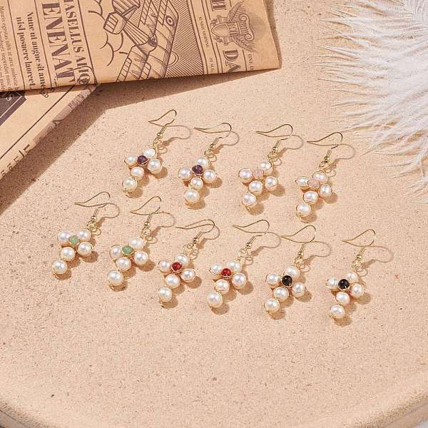 

PandaHall Natural Shell & Gemstone Braided Cross Dangle Earrings, Gold Plated Brass Wire Wrap Jewelry for Women, 50mm, Pin: 0.6mm Mixed...