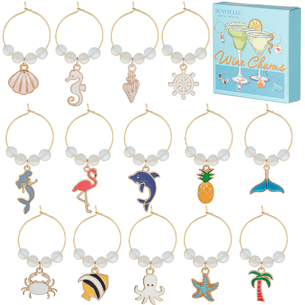 

PandaHall Alloy Enamel Wine Glass Charms, with Brass Hoop Earring Findings and Synthetic Moonstone Bead, Octopus/Starfish/Sea Horse, Mixed..., Multicolor
