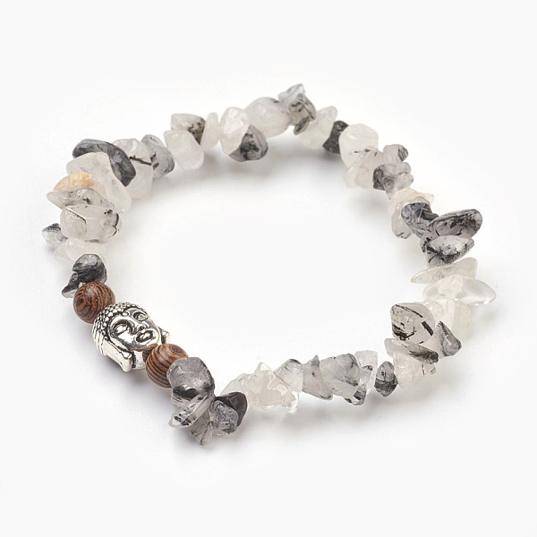 

PandaHall Natural Tourmalinated Quartz/Black Rutilated Quartz and Wood Beads Stretch Bracelets, with Alloy Findings, Buddha Head and Chip...