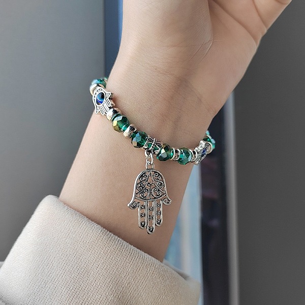 

PandaHall Alloy Turkiye Hamsa Hand Pendant Bracelets, Blue Evil Eye Beaded Jewelry for Women Alloy Hamsa Hand