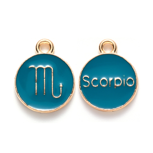 

PandaHall Alloy Enamel Pendants, Cadmium Free & Lead Free, Flat Round with Constellation, Light Gold, Dark Cyan, Scorpio, 15x12x2mm, Hole...