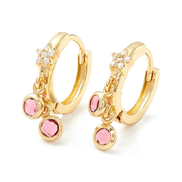 

PandaHall Star Cubic Zirconia Hoop Earrings with Flat Round Drop, Brass Jewelry for Women, Cadmium Free & Nickel Free & Lead Free, Real 18K..., Pink