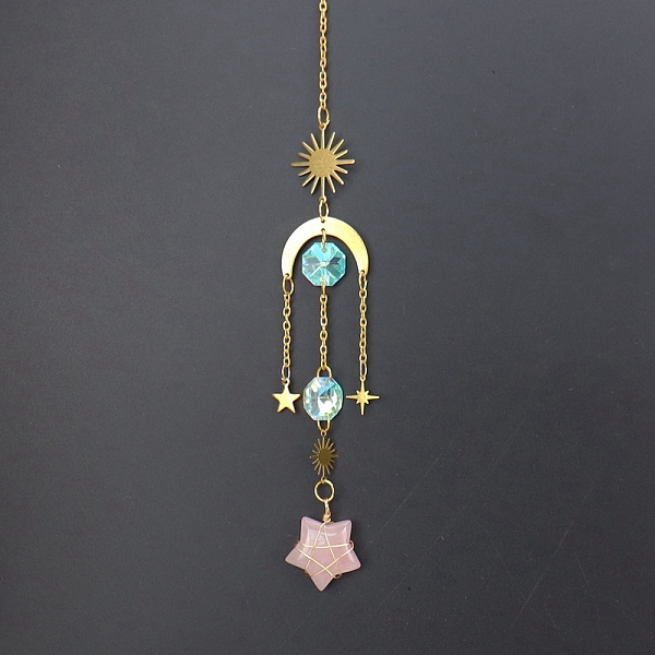 

PandaHall Natural Rose Quartz Star Sun Catcher Hanging Ornaments with Brass Sun, for Home, Garden Decoration, Golden, 400mm Rose Quartz Star