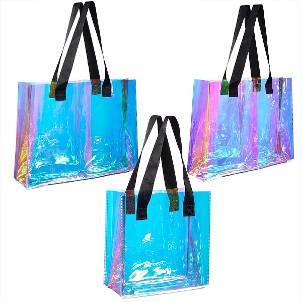 

PandaHall 3Pcs 3 Style Rectangle Transparent Laser Plastic Hand Bags, for Shopping, Travel and Cosmetics Storage, Colorful...
