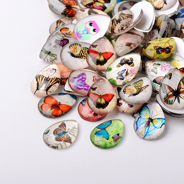 

PandaHall Butterfly Printed Glass Cabochons, Flat Teardrop, Mixed Color, 25x18x5mm Glass Teardrop Multicolor