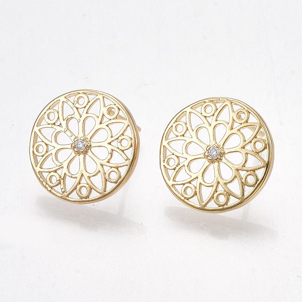 

PandaHall Brass Cubic Zirconia Stud Earrings, Flat Round with Flower, Nickel Free, Real 18K Gold Plated, 14mm, Pin: 0.7mm Cubic Zirconia..., Clear
