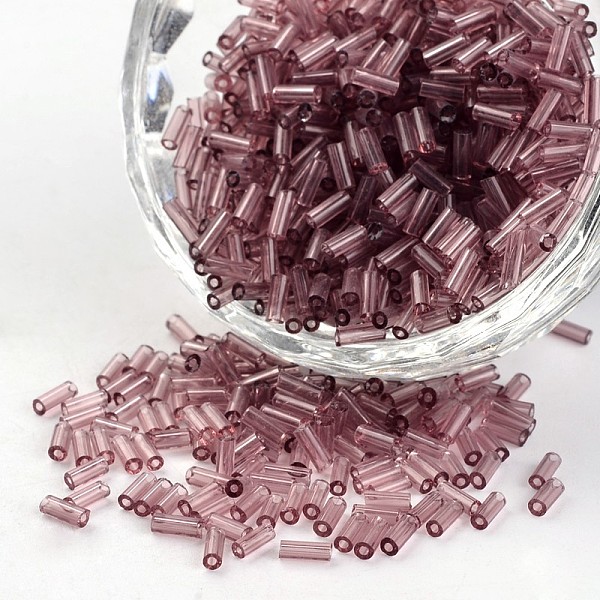 

PandaHall Transparent Colours Round Hole Glass Bugle Beads, Old Rose, 3~5x1.8~2mm, Hole: 0.8mm, about 12000pcs/450g Glass Purple