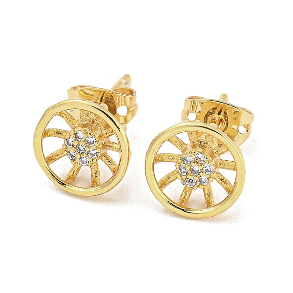 

PandaHall Brass Micro Pave Cubic Zirconia Stud Earrings, Wheel Shape, Real 18K Gold Plated, 9.5mm Cubic Zirconia Flat Round