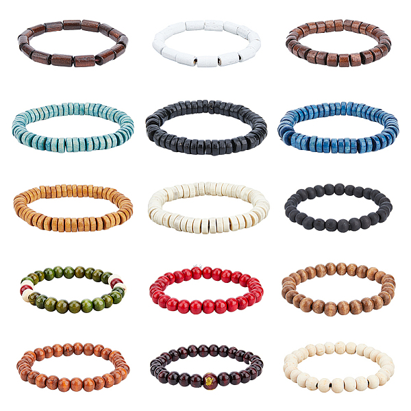 

PandaHall FIBLOOM 15Pcs 15 Style Round & Column & Disc Wood Beaded Stretch Bracelets Set, Mixed Color, Inner Diameter: 2~2-1/2 inch(52~62mm)..., Multicolor