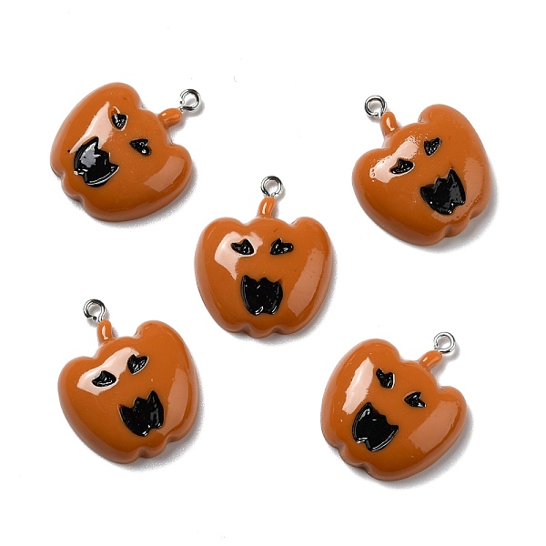 PandaHall Halloween Opaque Resin Pendants, with Platinum Tone Iron Loops, Pumpkin with Evil Face, Chocolate, 27x23x7mm, Hole: 2mm Iron+Resin...