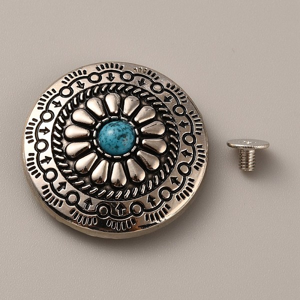 

PandaHall Alloy & Turquoise Craft Solid Screw Rivet, with Iron Findings, Flat Round with Flower Pattern, for DIY Luggage and Hardware..., Green