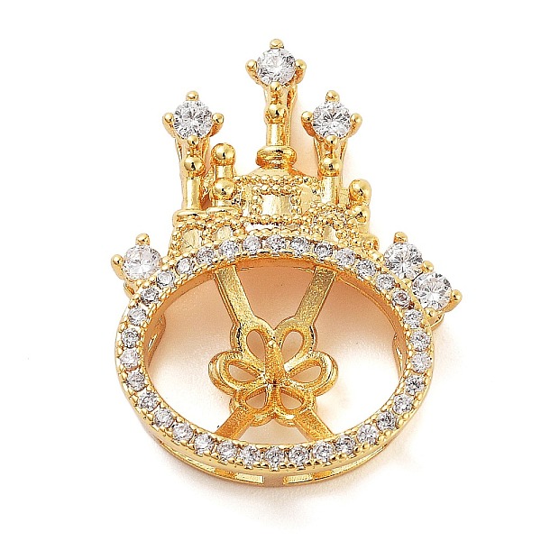 Castle Brass Micro Pave Cubic Zirconia Pendant Peg Bails, for Half Drilled Beads, Real 18K Gold Plated, 23x17.5x5mm, Hole: 2.5x4-5mm, Pin: 0.7mm