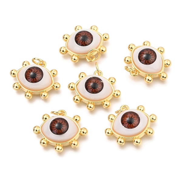 

PandaHall Brass Acrylic Pendants, Real 18K Gold Plated, Evil Eye, Coconut Brown, 17x20x7mm, Hole: 3.4mm Brass+Acrylic Eye