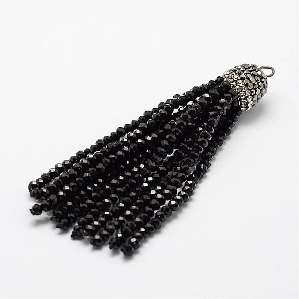 

PandaHall Electroplate Glass Bead Tassel Big Pendants, with Brass Rhinestone Findings, Black, 76x10.8mm, Hole: 2.5mm Glass Black