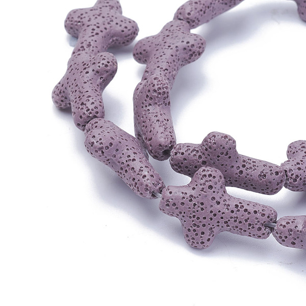 

PandaHall Natural Lava Rock Beads Strands, Cross, Dyed, Lilac, 25~27x19~19.5x7.5~8mm, Hole: 1.5mm, about 16pcs/strand, 16.5 inch(42cm) Lava..., Purple