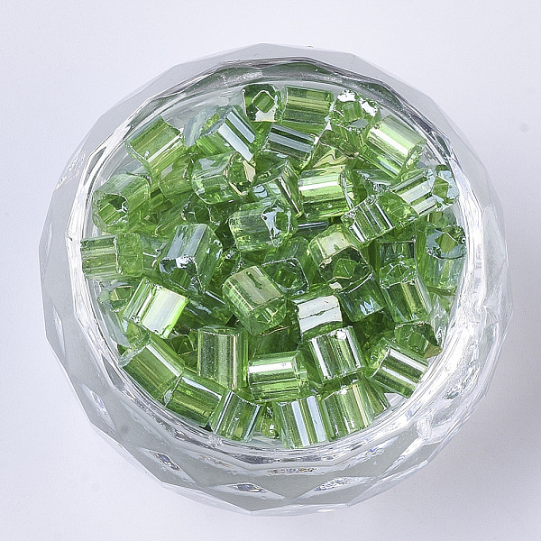 

PandaHall 6/0 Glass Seed Beads, Transparent Colours Luster, Square Hole, Cube, Green, 6/0, 3~5x3~4x3~4mm, Hole: 1.2~1.4mm, about 4500pcs/bag...