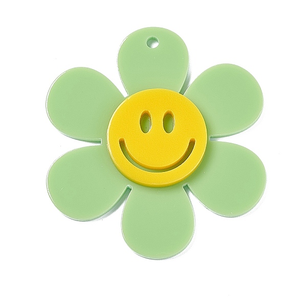 PandaHall Opaque Acrylic Big Pendants, Sunflower with Smiling Face Charm, Pale Green, 55x50.5x5mm, Hole: 2.5mm Acrylic Flower