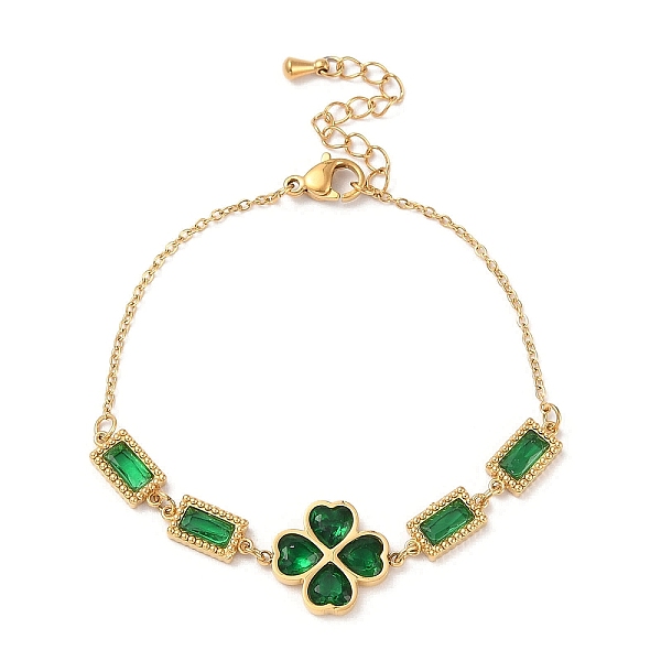

PandaHall Cubic Zirconia Rectangle & Clover Link Bracelet, with Ion Plating(IP) Golden 304 Stainless Steel Curb Chains, Dark Green, 6-5/8...