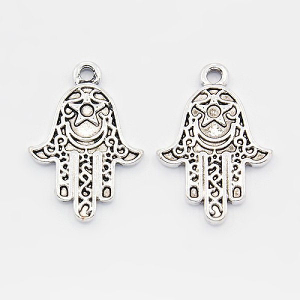 

PandaHall Tibetan Style Alloy Pendants, Lead Free and Cadmium Free, Hamsa Hand/Hand of Miriam, Antique Silver Color, 24.5x17x2mm, Hole: 2mm...