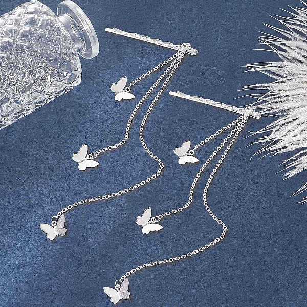 

PandaHall Iron Hair Bobby Pins, with Butterfly Brass Filigree Pendants & Cable Chains for Woman Girls, Silver, 175mm, 2pcs/set Iron