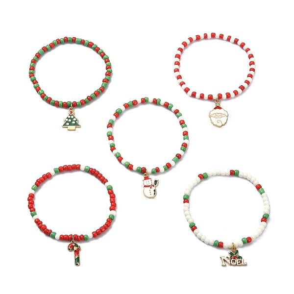

PandaHall 5Pcs 5 Style Glass Seed Stretch Bracelets Set, Christmas Tree & Santa Claus & Word Noel Alloy Enamel Charms Stackable Bracelets..., Multicolor