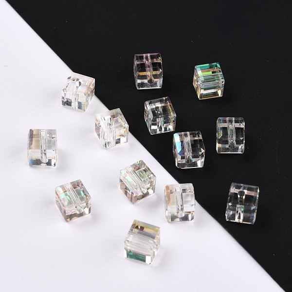 

PandaHall Electroplate Transparent Glass Beads, Faceted Cube, Rainbow Plated, Clear AB, 6x6x6mm, Hole: 1.8mm Glass Square White