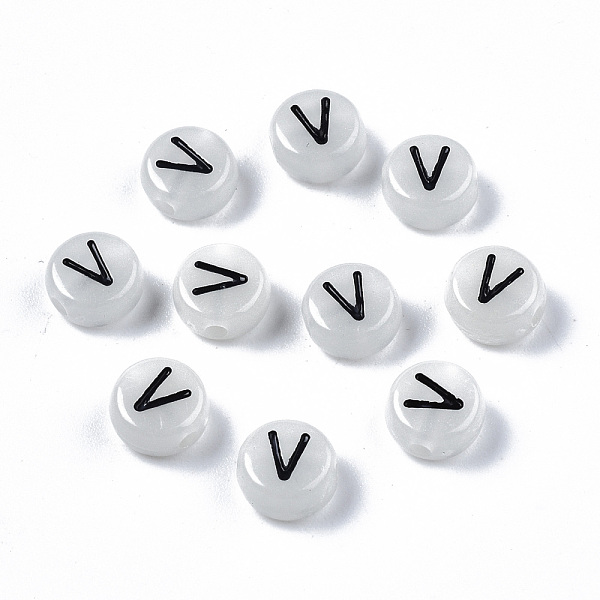 

PandaHall Acrylic Beads, with Enamel and Luminous, Horizontal Hole, Flat Round with Black Letter, Glow in the Dark, Light Grey, Letter.V...