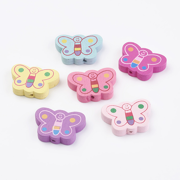 

PandaHall Natural Wood Printed Beads, Dyed, Butterfly, Mixed Color, 18x25.5x5mm, Hole: 2mm, about 600pcs/500g Wood Butterfly Multicolor