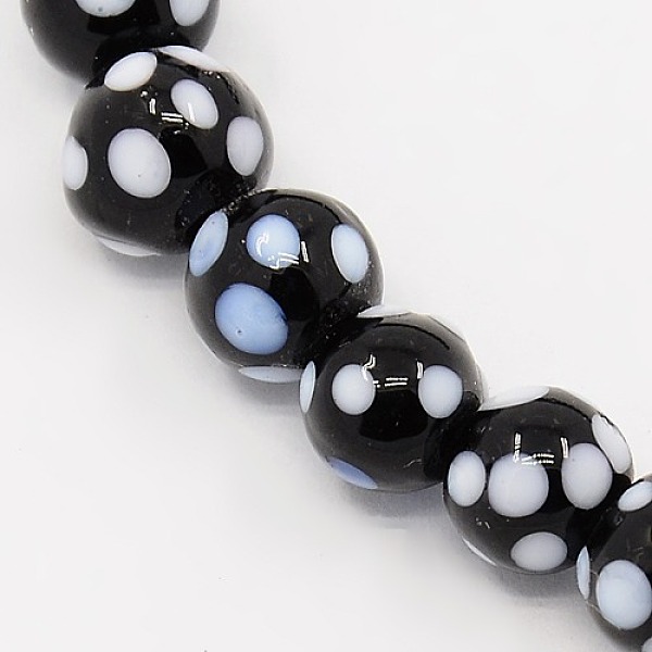 

PandaHall Handmade Lampwork Round Beads Strands, polka-dotted, Black, 8mm, Hole: 1mm, about 35pcs/strand, 10.43 inch Lampwork Round Black