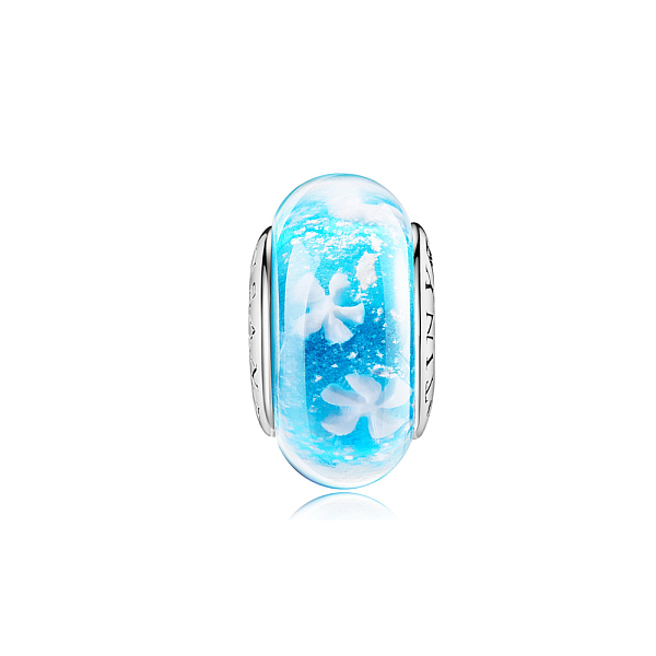 

PandaHall TINYSAND Glass Rondelle Large Hole European Beads, with Platinum Plated 925 Sterling Silver Double Cores, Flower Pattern, Sky Blue...
