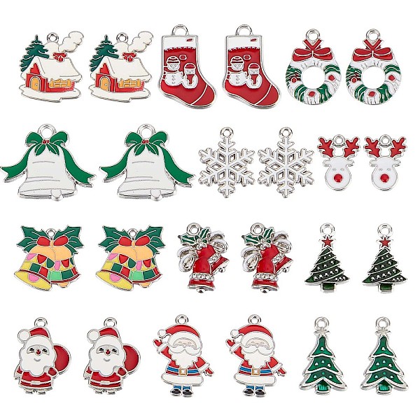 PandaHall SUNNYCLUE 48Pcs 12 Style Alloy Enamel Pendants, Christmas Bell & House & Santa Claus, Mixed Color, 17~26x14~28x1.7~3.5mm, Hole...