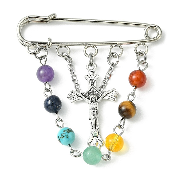 

PandaHall Religion Crucifix Cross Alloy Pendant Kilt Pins, Chakra Gemstone Beaded & Iron Brooches, Platinum, 55x51mm Mixed Stone Cross