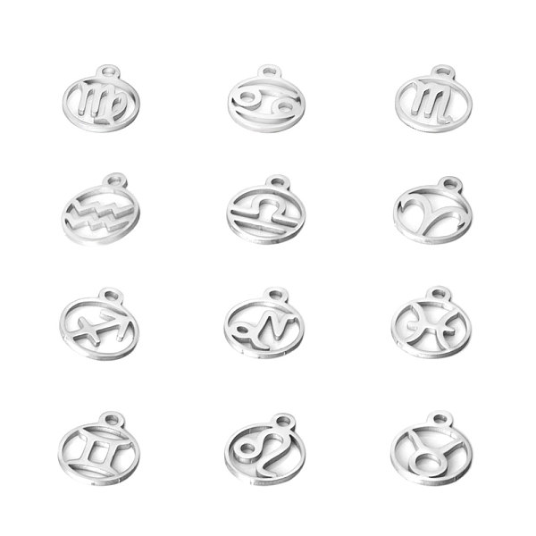 

PandaHall 201 Stainless Steel Charms, Flat Round with Twelve Constellation, 12 Constellations, 13.4x10.8x1mm, Hole: 1.5mm 316L Surgical...