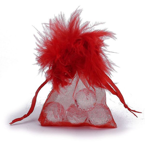 

PandaHall Organza Gift Bags, with Drawstring and Feather, Jewelry Pouches Bags, for Wedding Party Candy Mesh Bags, Rectangle, Red...
