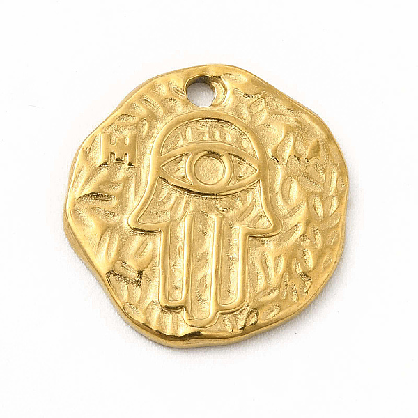 

PandaHall 304 Stainless Steel Hammered Pendants, Irregular Flat Round with Hamsa Hand Charms, Golden, 18.5x18x1.5mm, Hole: 1.6mm 304...