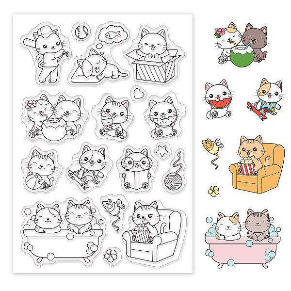 

PandaHall GLOBLELAND Summer Cat Clear Stamps Sofa Bathtub Book Skateboard Silicone Clear Stamp Seals for Cards Making DIY Scrapbooking Photo...