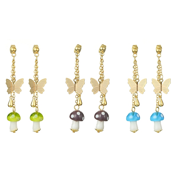 

PandaHall Lampwork Mushroom & Brass Butterfly Dangle Stud Earrings, Long Drop Earrings, Mixed Color, 57x13mm, 1 Pair/style Brass Mushroom..., Multicolor