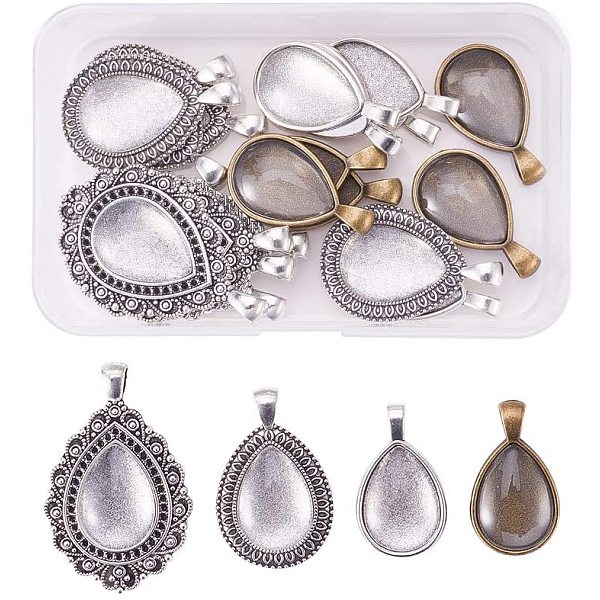 

PandaHall DIY Pendant Findings, with Tibetan Style Alloy Pendant Cabochon Settings and Transparent Glass Cabochons, teardrop, Mixed Color..., Clear
