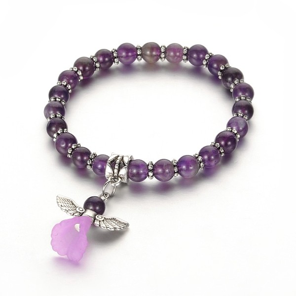 

PandaHall Trendy Natural Amethyst Beaded Acrylic Charm Bracelets, with Tibetan Style Alloy Beads, Lovely Wedding Dress Angel Dangle, Antique...