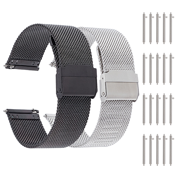 

PandaHall DICOSMETIC 2 Sets 2 Colors Watch Strap Stainless Steel Mesh Watch Band Quick Release and 10Pcs Watch Bands Spring Bar Pins Black...