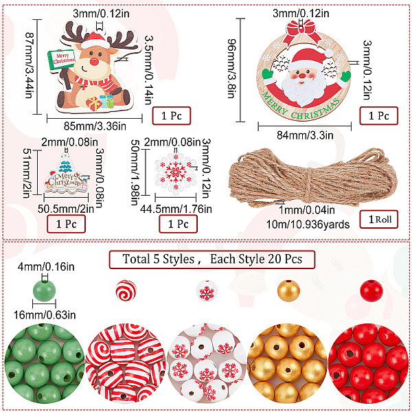 

PandaHall SUNNYCLUE DIY Christmas Decoration Making Kits, Including Christmas Tree & Reindeer & Snowflake Wood Pendant and Round Beads, Jute..., Multicolor