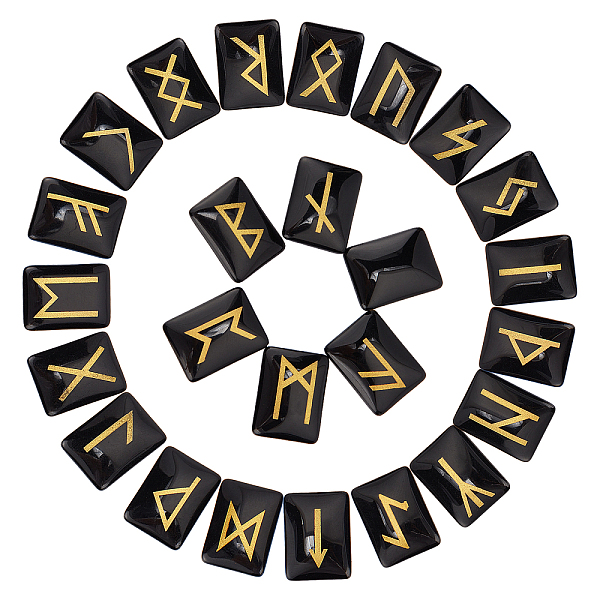 

PandaHall SUPERFINDINGS 25Pcs 19x14mm Rune Stones Set with Engraved Alphabet Black Synthetic Quartz Cabochons Rectangle with Futhark for...