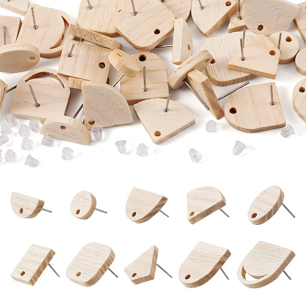 

PandaHall 40Pcs 10 Styles Fan & Rectangle & Flat Round & Oval Ash Wood Stud Earring Findings, with 304 Stainless Steel Pin, with 50Pcs..., Orange