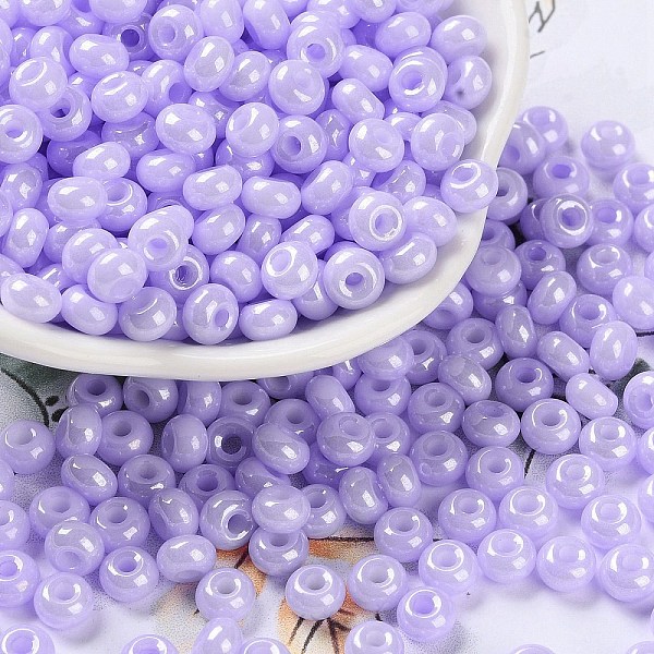 

PandaHall Glass Seed Beads, Opaque Colours Luster, Round, Lilac, 5~5.5x3~3.5mm, Hole: 1.5~1.6mm, about 3488pcs/pound Glass Purple