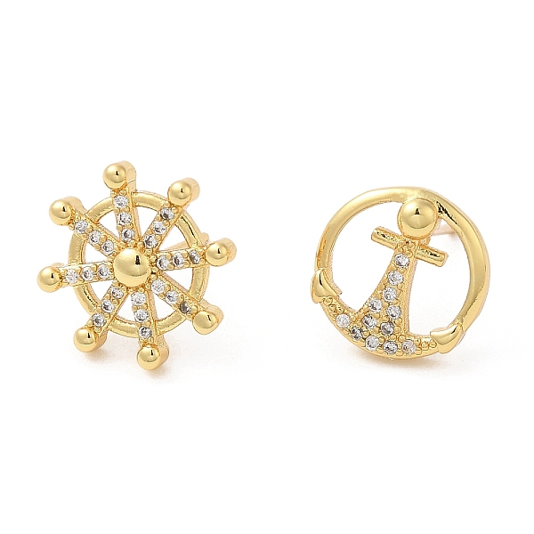 

PandaHall Rack Plating Brass Anchor & Helm Asymmetrical Earrings, Stud Earrings with Cubic Zirconia, Lead Free & Cadmium Free, Real 18K Gold...